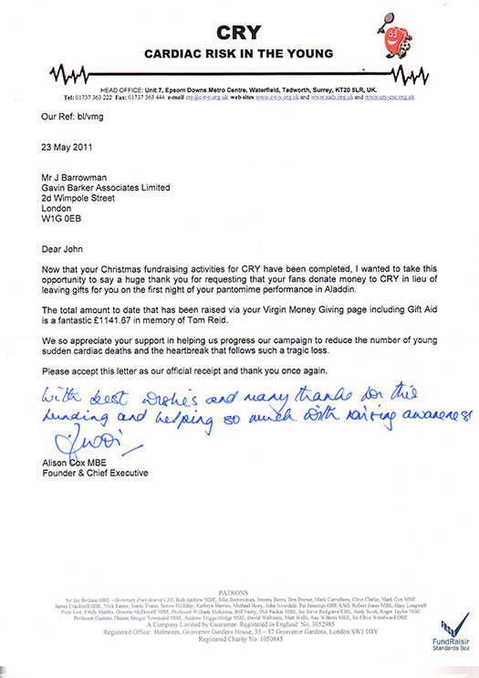 cry fan donation john barrowman official site thank you letter from charity
