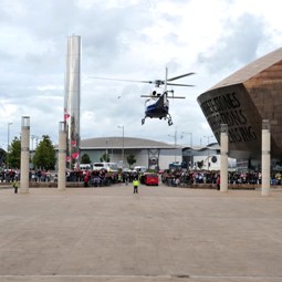 John, Eve and Gareth land in Cardiff Bay