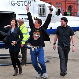John, Eve and Gareth land in Cardiff Bay